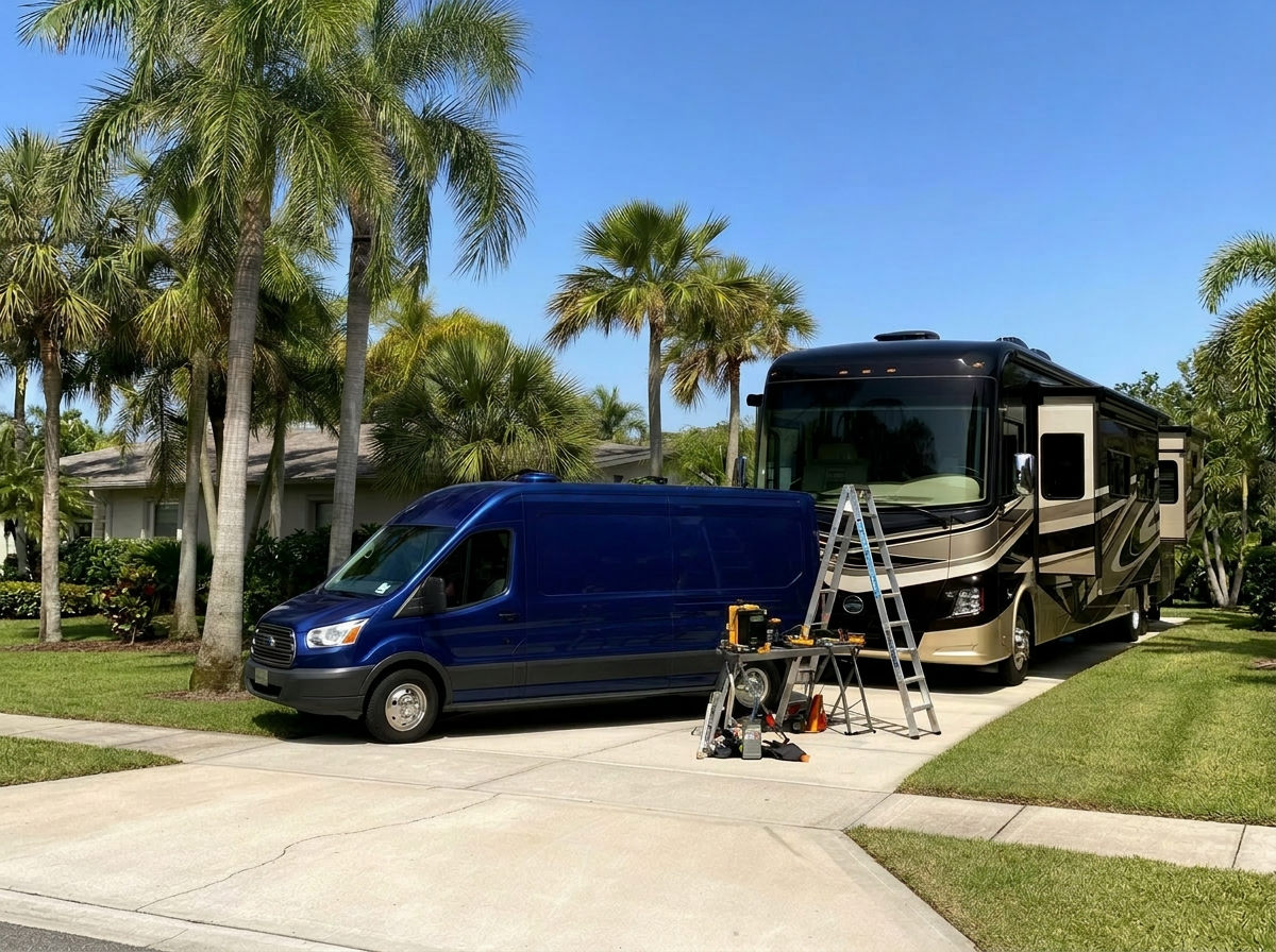 Mobile RV inspection technician arriving at a customer driveway on the Florida Gulf Coast